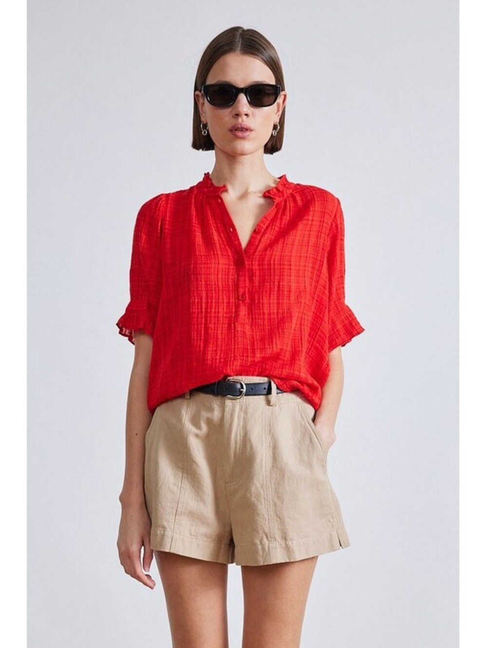 APIECE APART Red Gauze Ruffle Neck Henley Blouse Top XL EUC